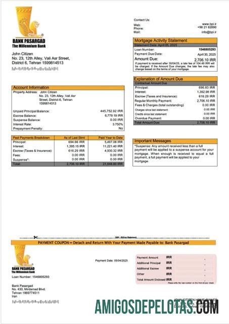 em branco Modelo Word e PDF de declaração de hipoteca do Banco do Irã Pasargad
